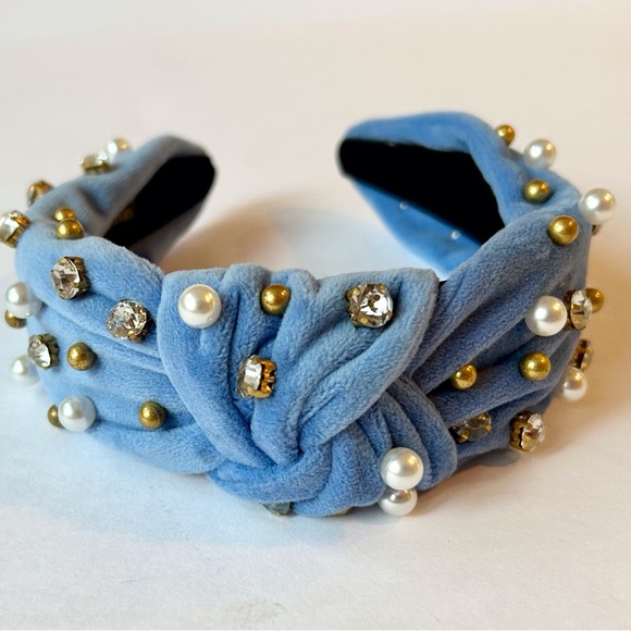 NWOT Headband Blue Velvet Knotted W/ Pearl-like Clear Stone & Gold Tone … - Picture 1 of 10